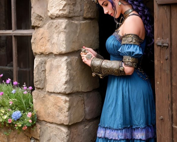 Woman in Blue Gown by Rustic Stone Wall
