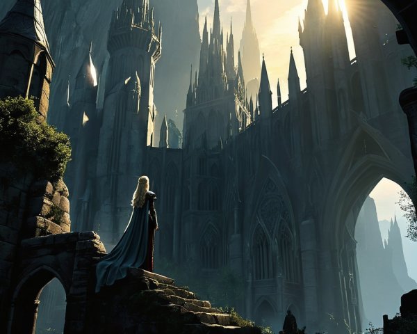 Majestic castle surrounded by cliffs and golden sunlight