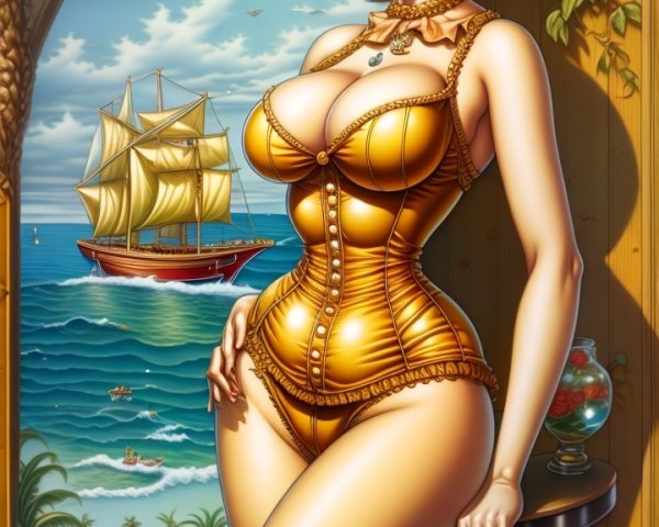 Vintage Pin-Up Girl in Bathing Suit at Beach Scene