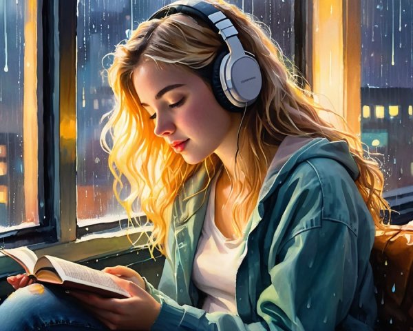 Young woman reading by a rain-soaked window