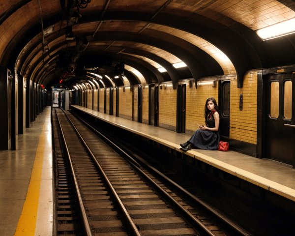 Dimly Lit Subway Station with Curved Tiled Walls