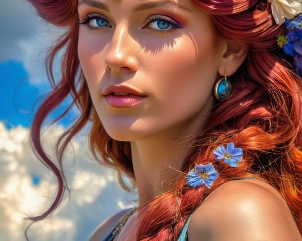 Portrait of a Young Woman with Red Hair and Floral Crown
