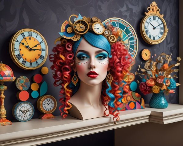Mannequin with Colorful Hair and Clock Motifs