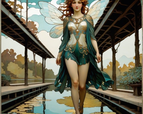 Fairy by Serene Pond with Flowing Gown and Jewels