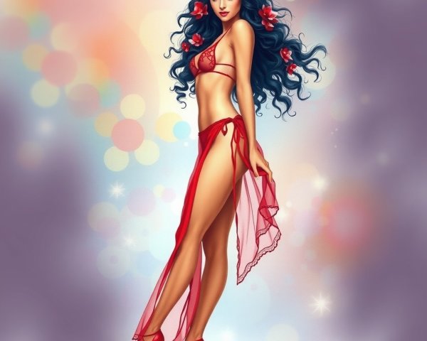 Confident woman in vibrant red bikini with floral accents