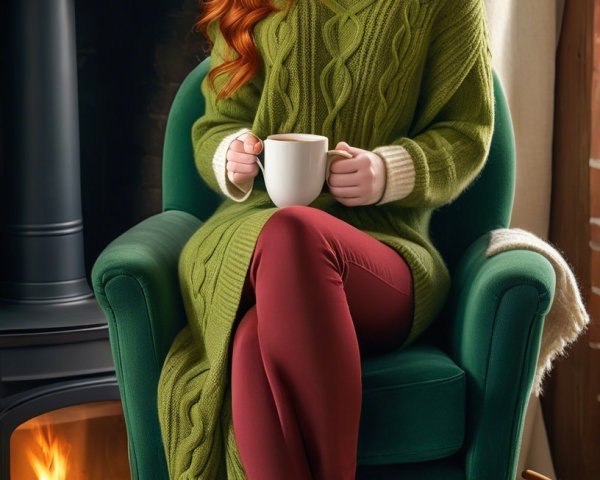 Young Woman in Cozy Outfit by a Fireplace