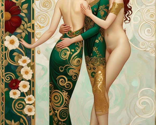 Ethereal Figures Embracing in Flowing Garments