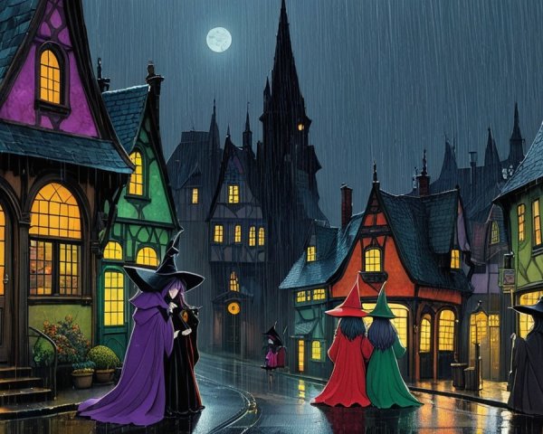 Whimsical Nighttime Village with Glowing Windows