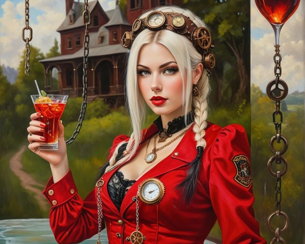 Steampunk-Inspired Woman with Colorful Cocktail