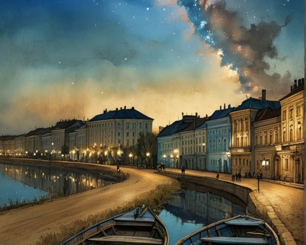 Serene Waterfront at Dusk with Starry Sky and Boats