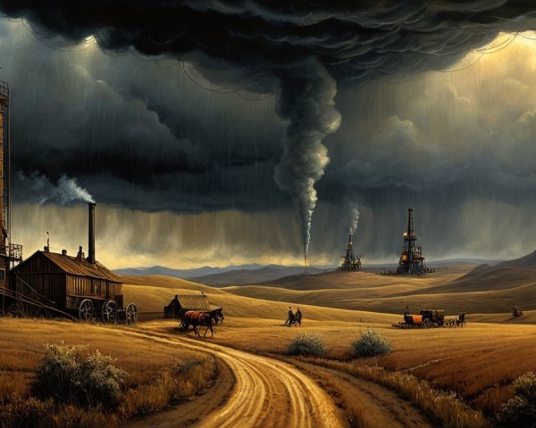 Dramatic Landscape with Lighthouse and Oil Rigs