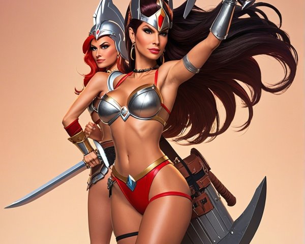 Warrior Women in Armor with Weapons and Bold Stances