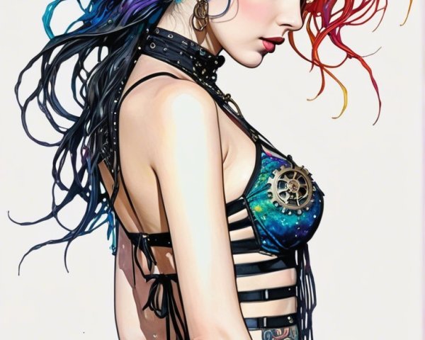 Young woman in vibrant steampunk-inspired outfit