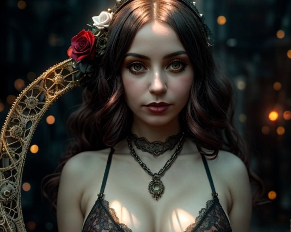Ethereal Woman Framed by Golden Gears and Lights