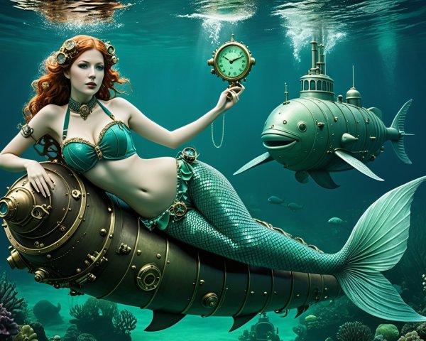 Steampunk Mermaid on Brass Torpedo Machine Underwater