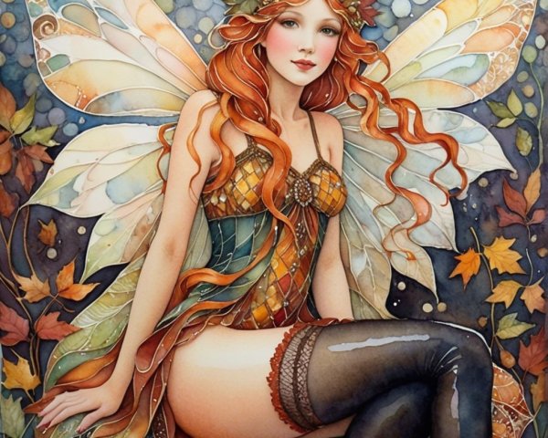 Whimsical Fairy with Red Hair and Iridescent Wings