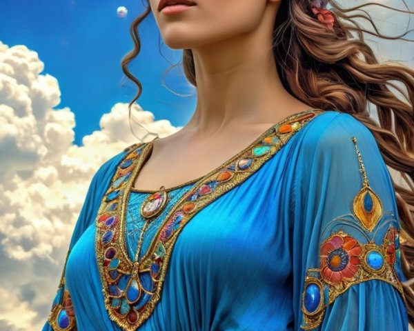 Young woman in blue dress against vibrant celestial sky