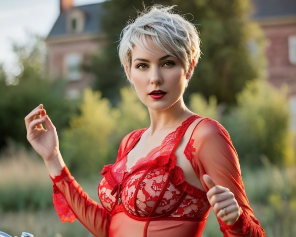 Young woman in red lace lingerie near a bicycle outdoors