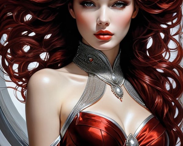 Elegant figure in red gown with flowing red hair