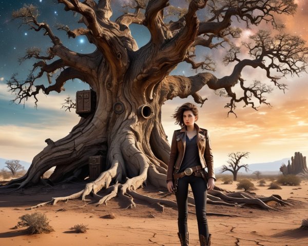 Young Adventurer by Ancient Tree at Sunset Sky