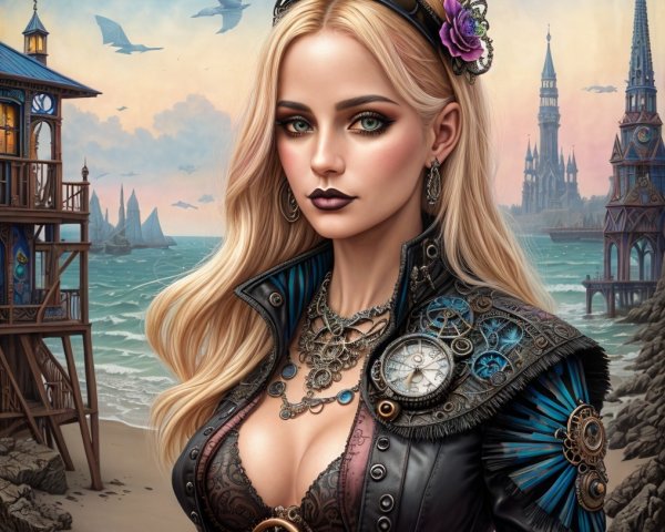 Steampunk Woman Against Scenic Shoreline Background