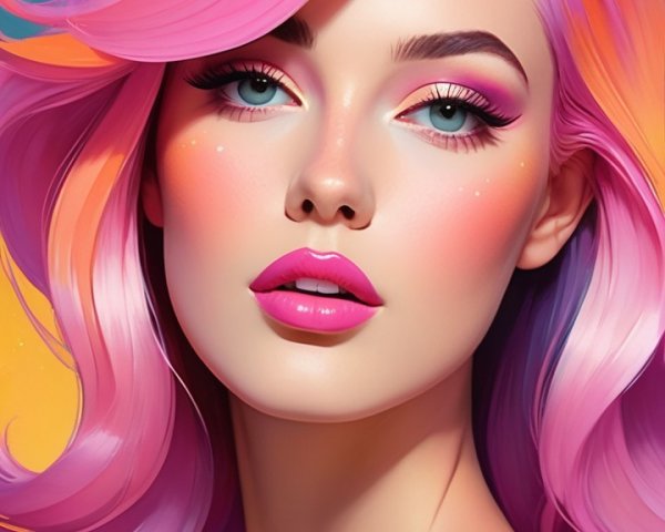 Stylized portrait of a woman with pink hair and blue eyes
