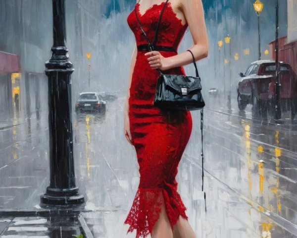 Woman in red lace dress walking barefoot in rain