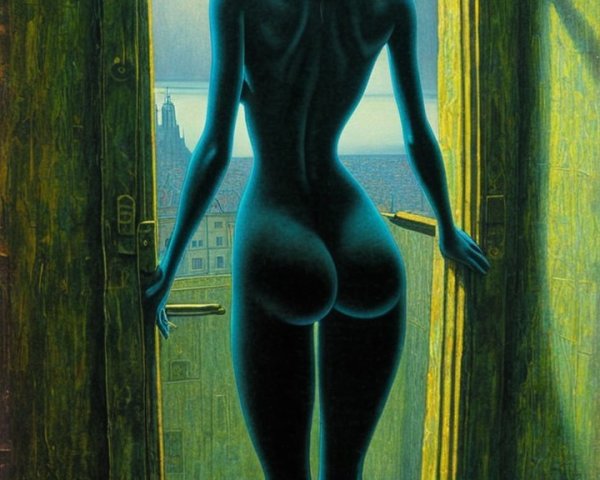 Nude Female Figure in Doorway with Serene Landscape