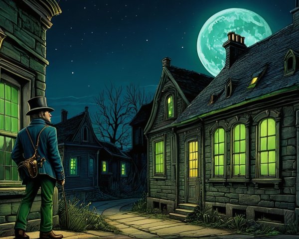 Mysterious Night Scene with Eerie Green Glow