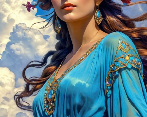 Elegant Woman in Blue Dress with Flower Crown