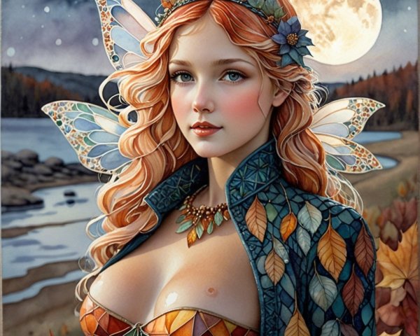 Fairy by the Shore Under a Full Moon with Colorful Wings
