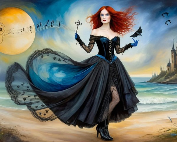 Red-haired woman in black gown at mystical seaside