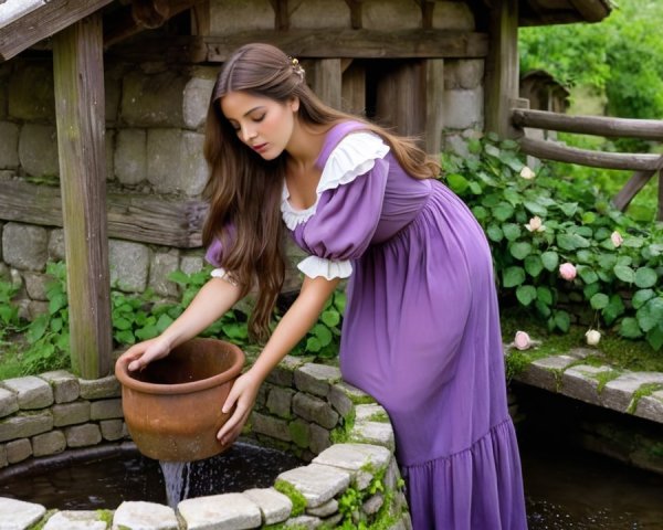 Young woman in purple dress by a stone well