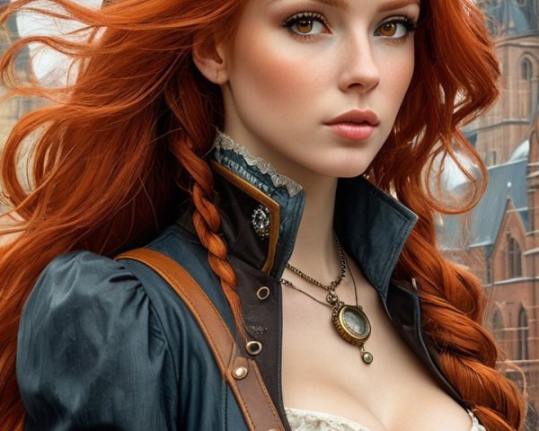 Steampunk Woman with Red Hair in Historic Setting