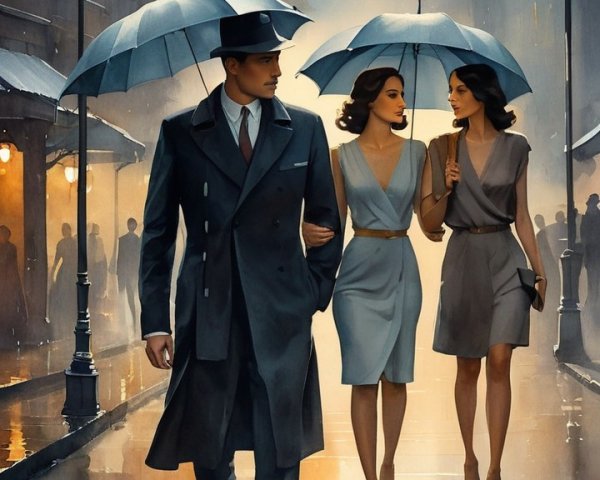Film Noir Scene of Man and Women on Rainy Street