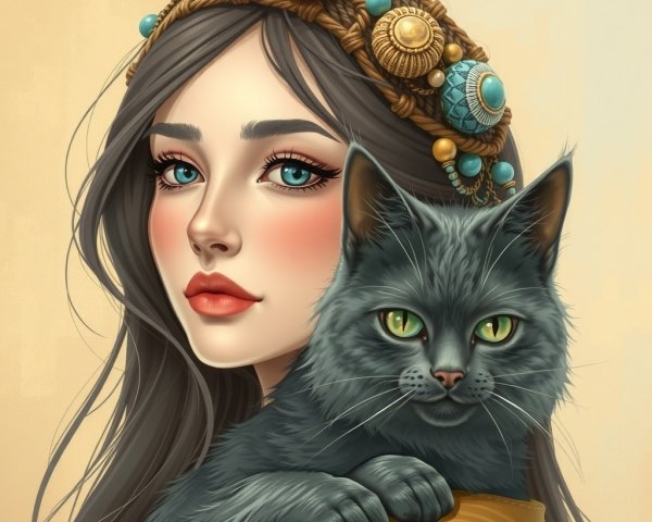 Portrait of a Young Woman with Cat and Colorful Headband