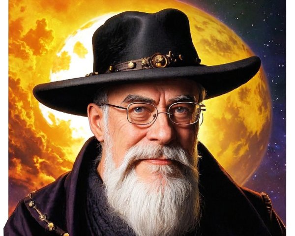 Wizard with Black Hat Against Cosmic Backdrop