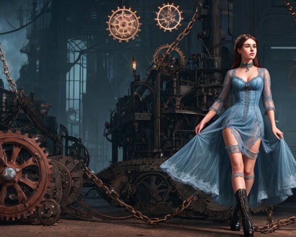 Steampunk Woman in Blue Corset Dress Among Machinery