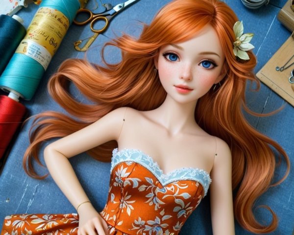 Young anime doll with orange hair and floral dress