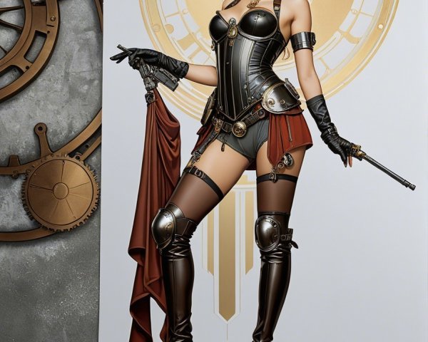 Steampunk Woman in Corset and Vintage Clock Background