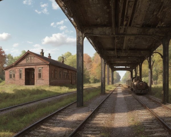 Old Rusty Train Station with Freight Train and Autumn Trees