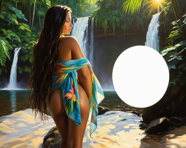 Tropical Scene with Woman by Waterfall and Greenery