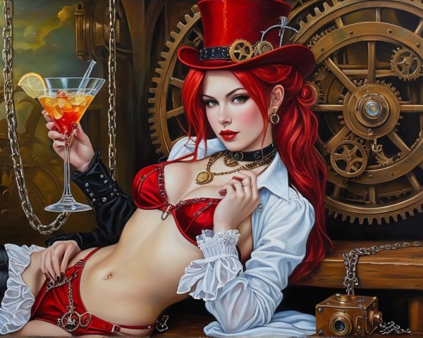 Steampunk Woman with Red Hair and Cocktail in Gears