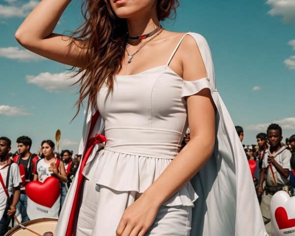 Young Woman in White Dress Amidst Festive Crowd