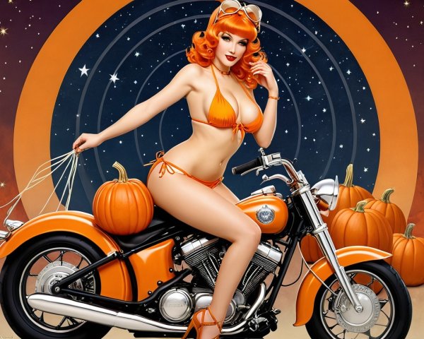Confident Woman on Orange Motorcycle with Pumpkins
