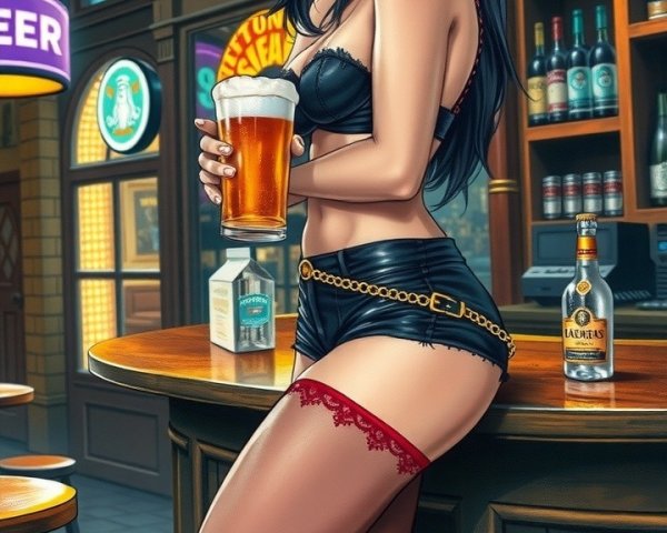 Glamorous Woman at Bar in Stylish Outfit and Beer