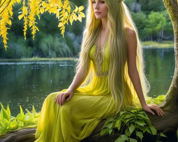 Serene Woman by Water in Yellow Gown and Greenery