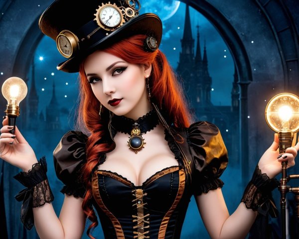 Steampunk Woman in Night Scene with Glowing Light Bulbs