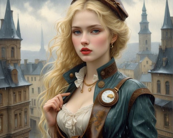 Young woman in historical cityscape with soft rain