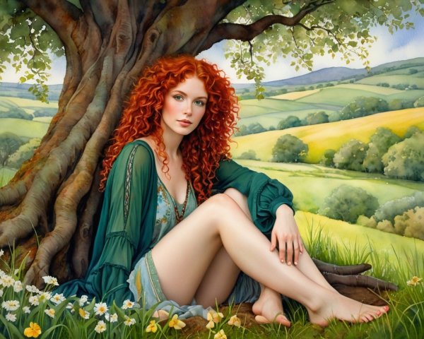Young woman with red hair in serene landscape setting